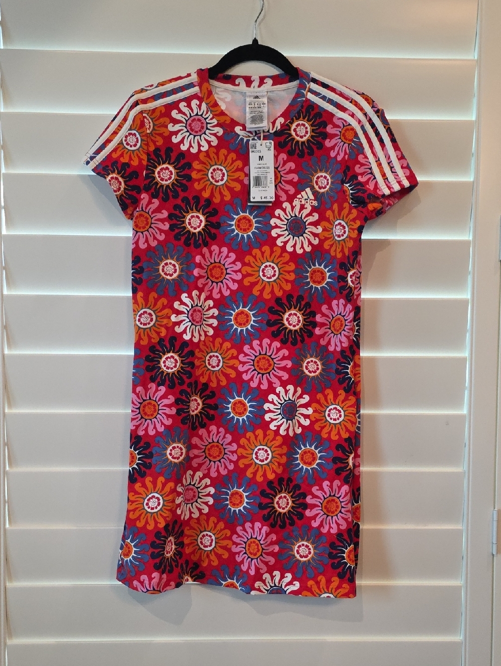 New adidas Pink Red Orange Floral Stripe Tee Dress